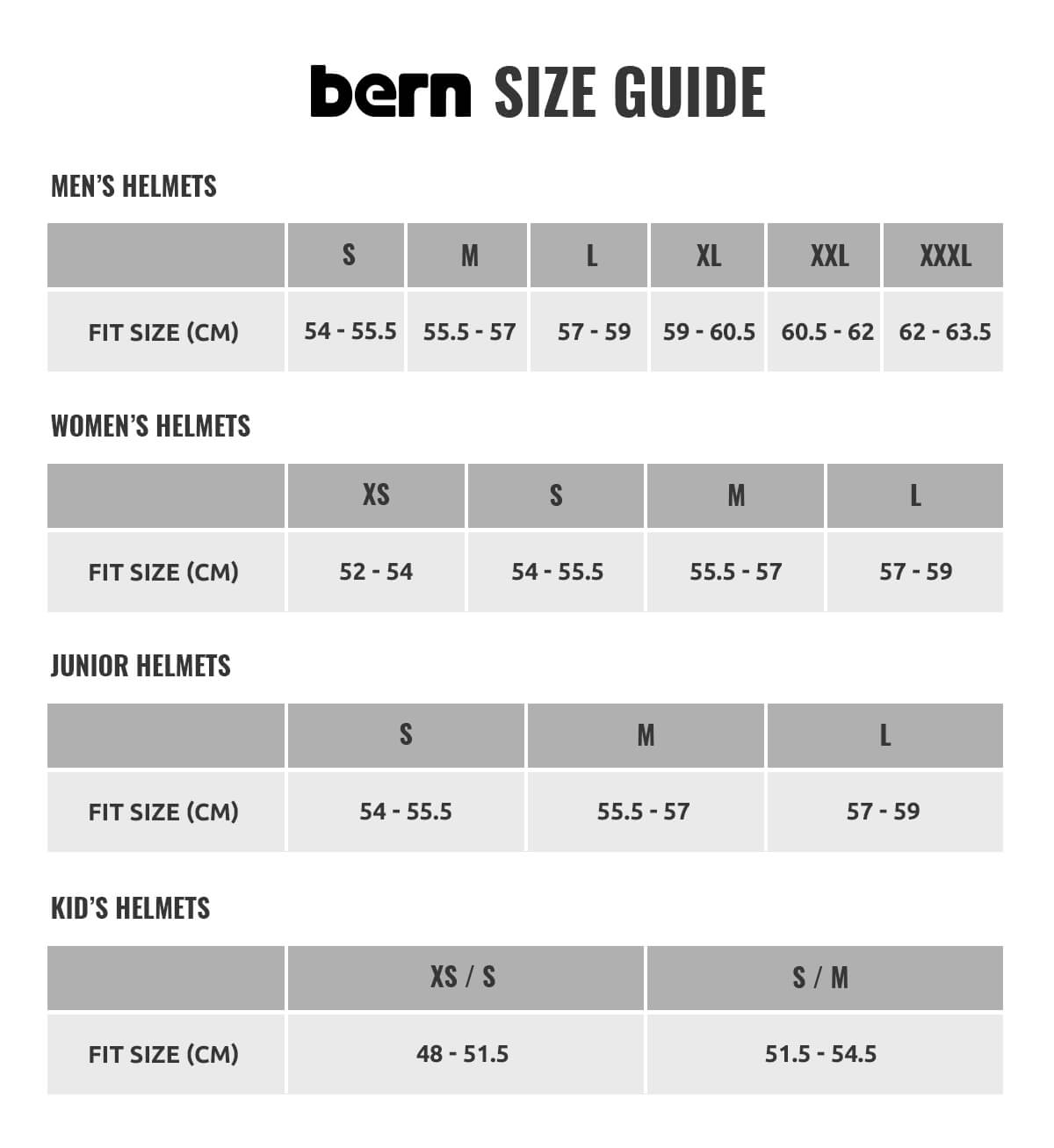 Bern bike helmet cheap size chart