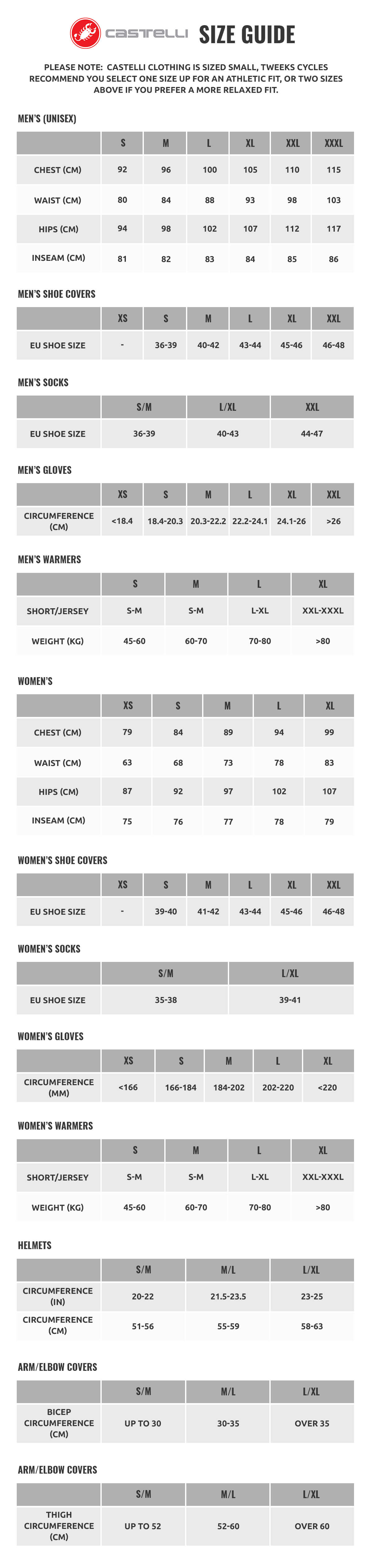 Castelli Leg Warmers Size Chart