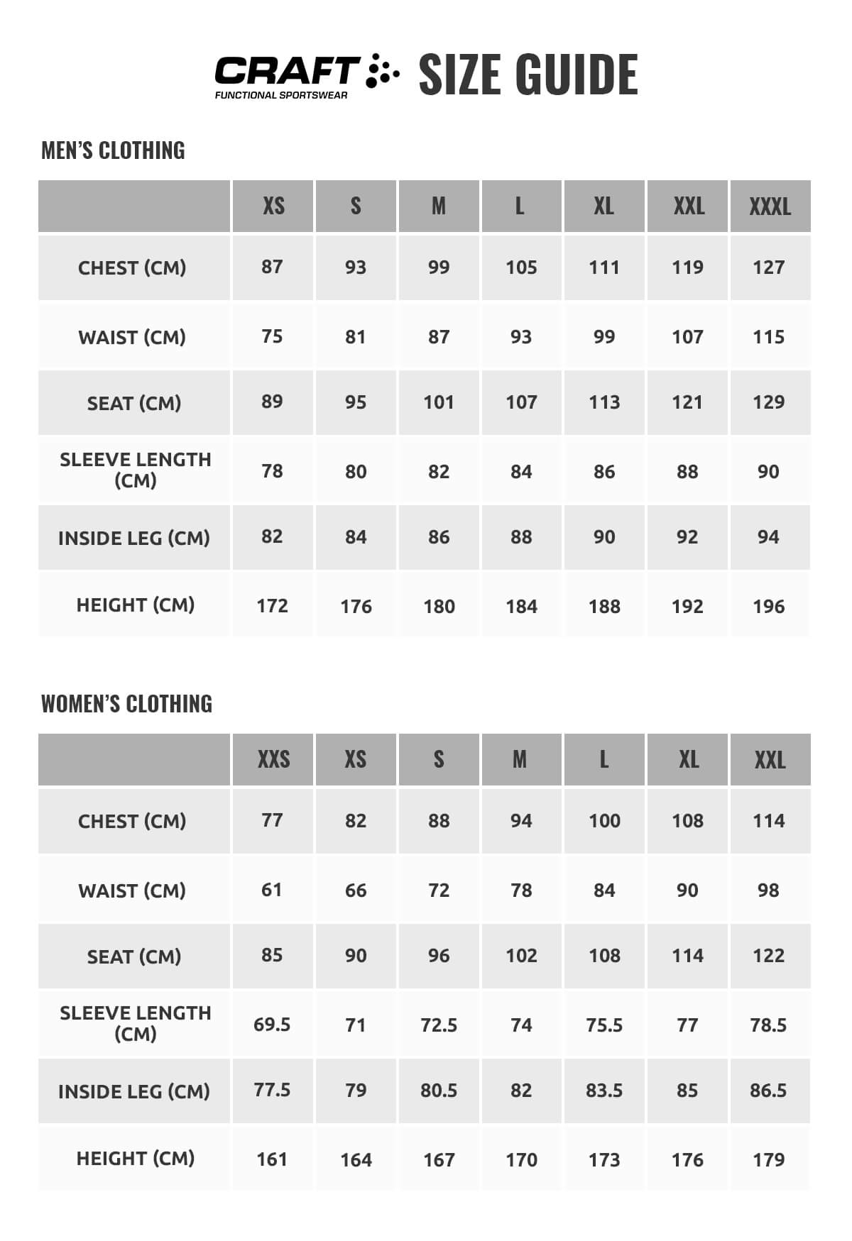 Craft Size Chart