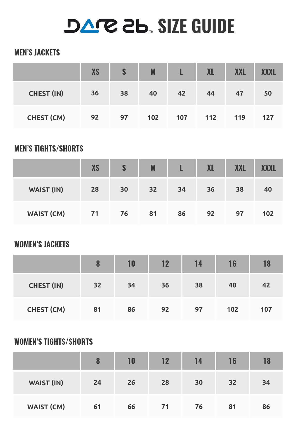 Dare2b Size Chart