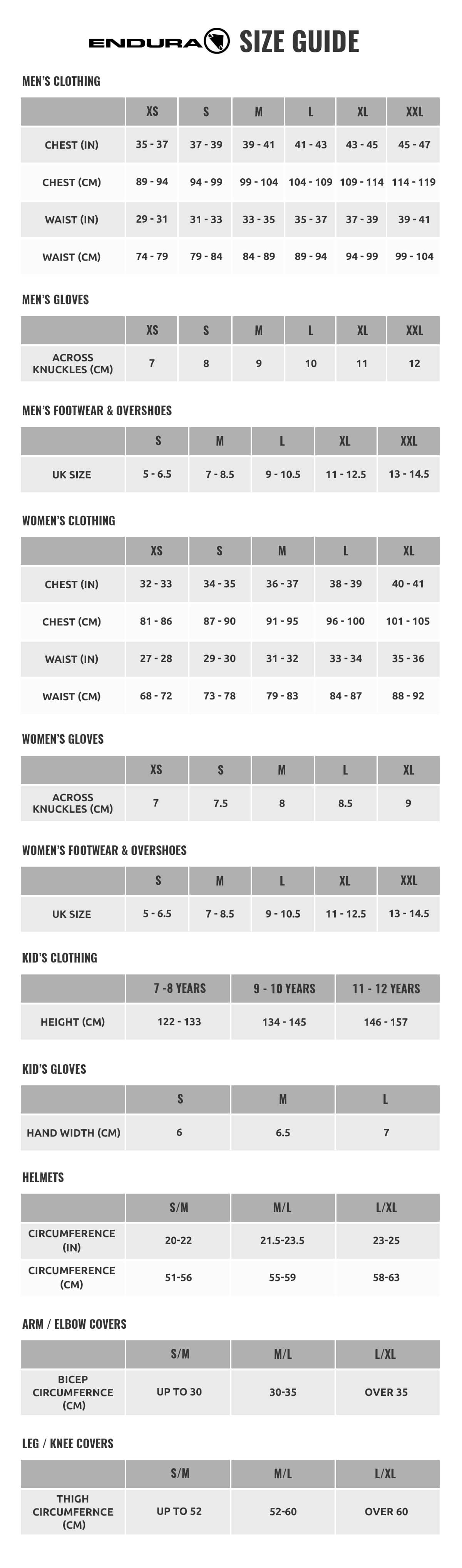 Endura Mt500 Size Chart