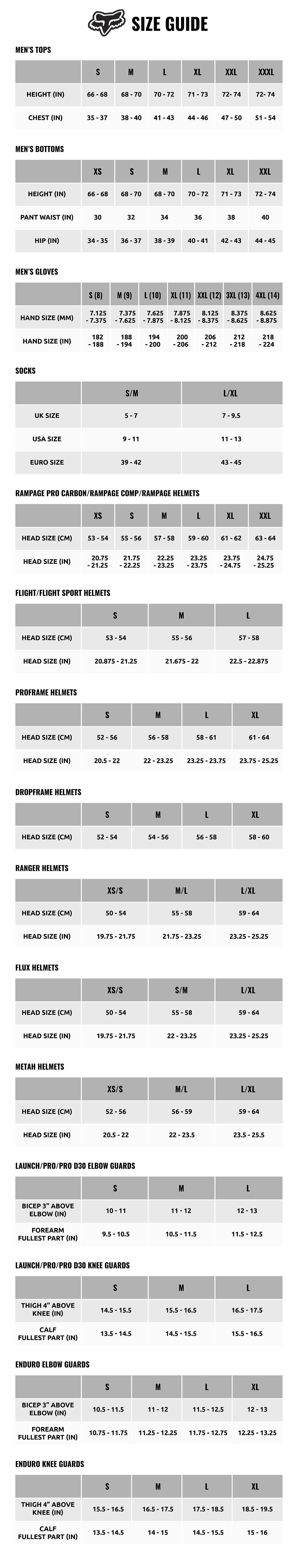 Fox helmet hot sale size guide