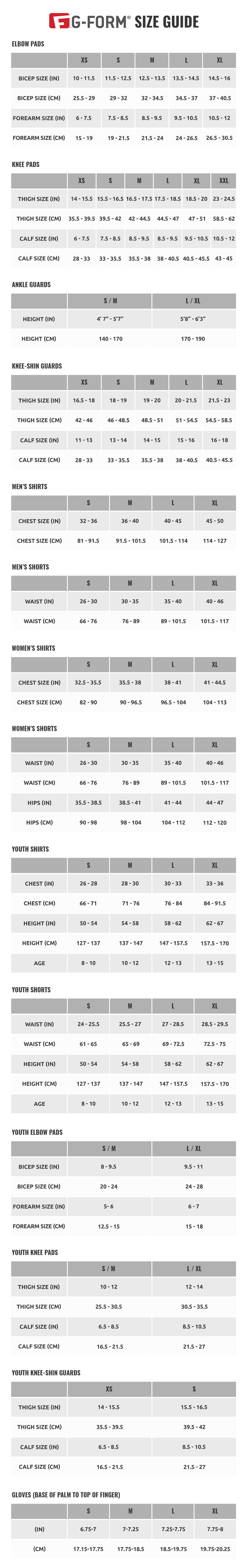 G Form Elbow Pads Sizing Chart