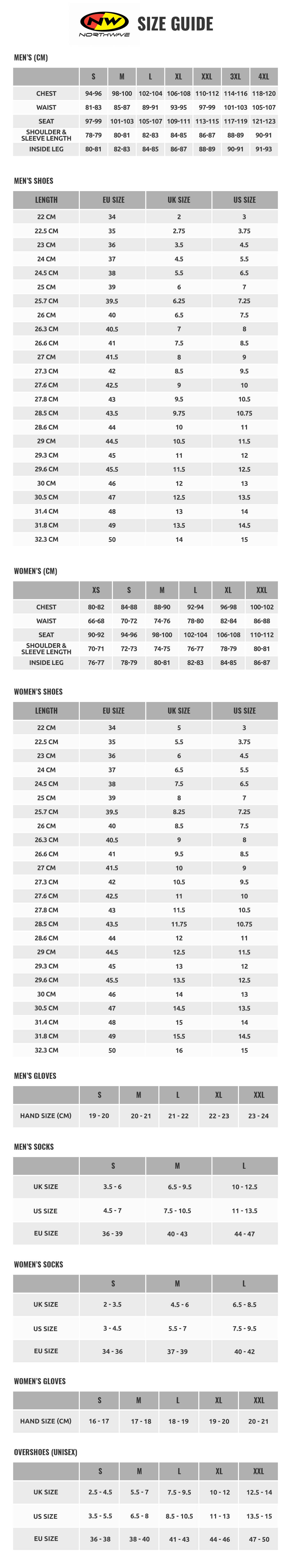 northwave shoe size guide