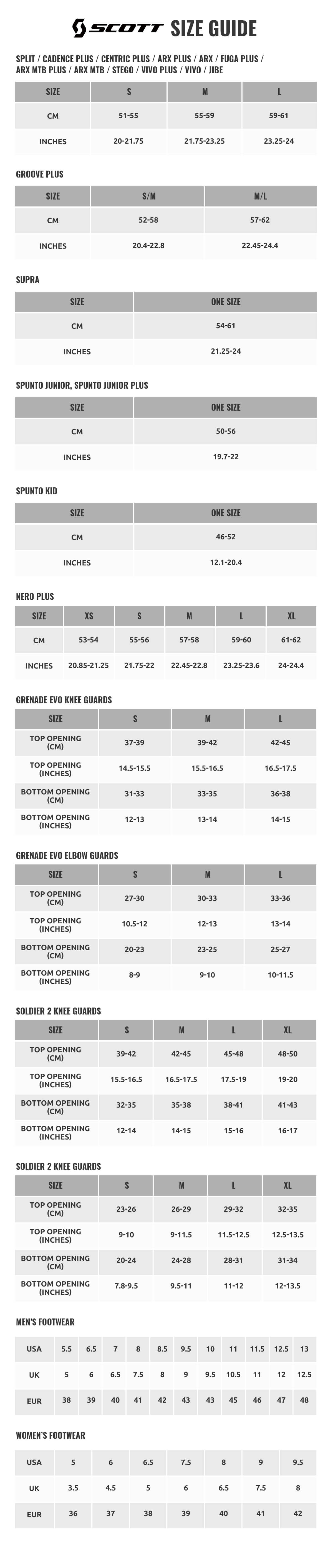 Scott cycling shoes size chart sale