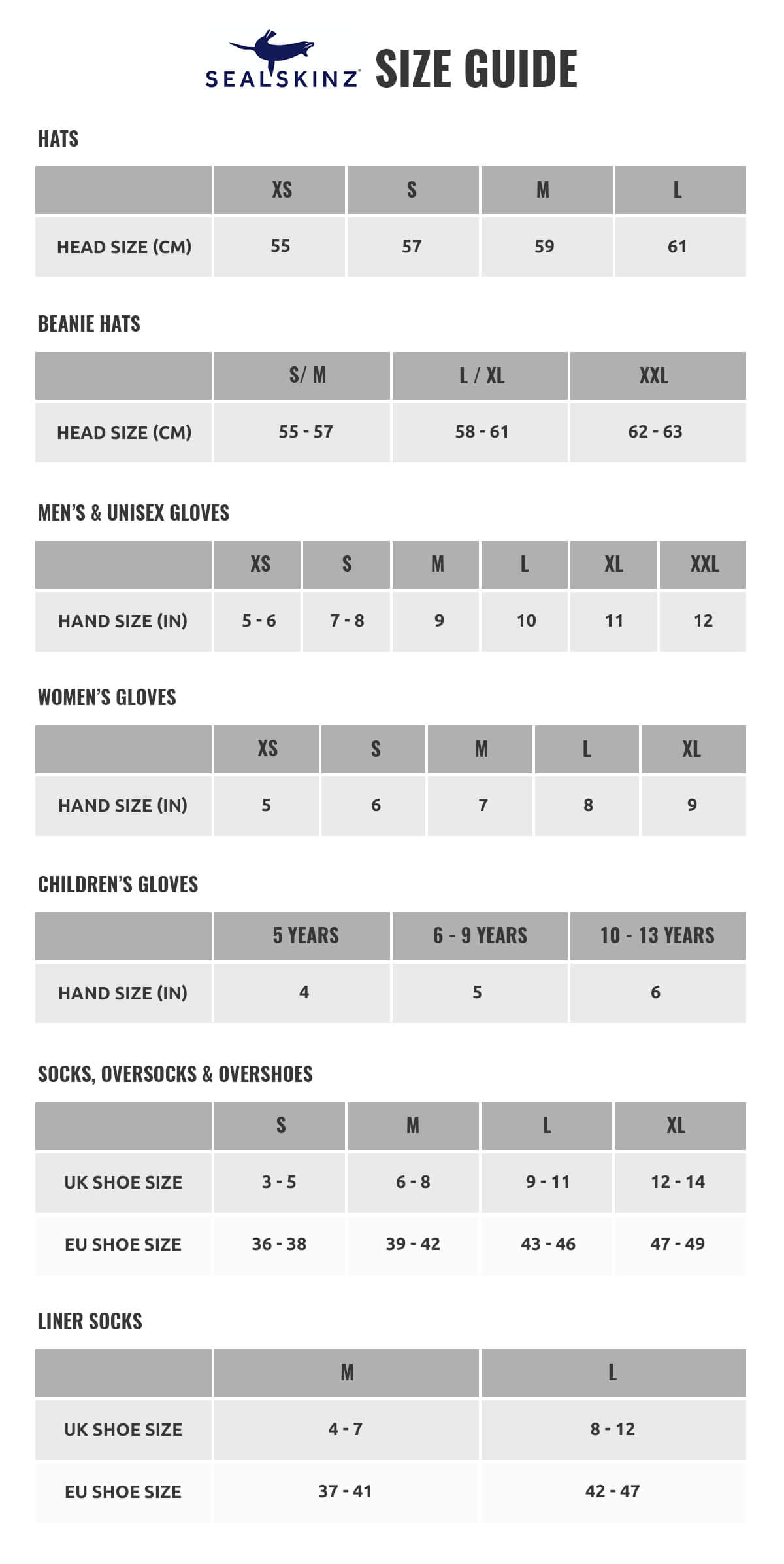 Sealskinz Size Chart