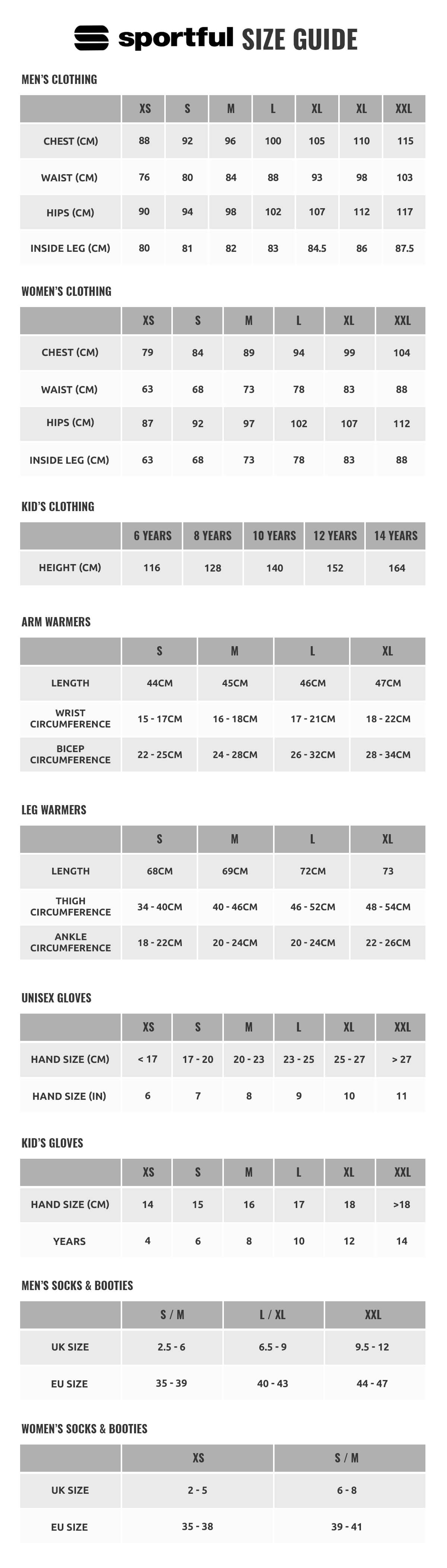 Sportful Cycling Clothing Size Chart